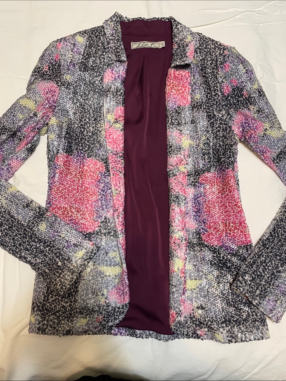 Floral Textured sequent Open-Front blazer in Pink & Gray